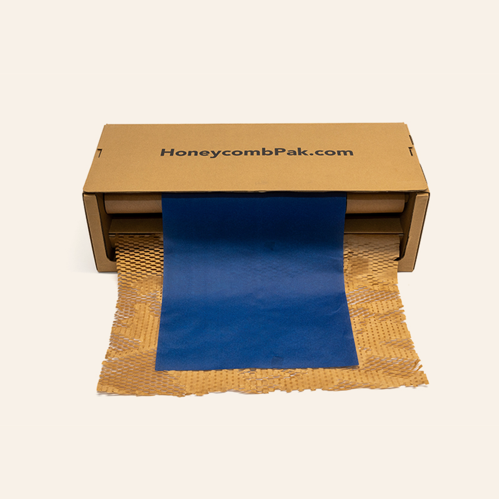 Dispensador manual de cartón (HoneyComb Marrón + Papel Seda Azul)