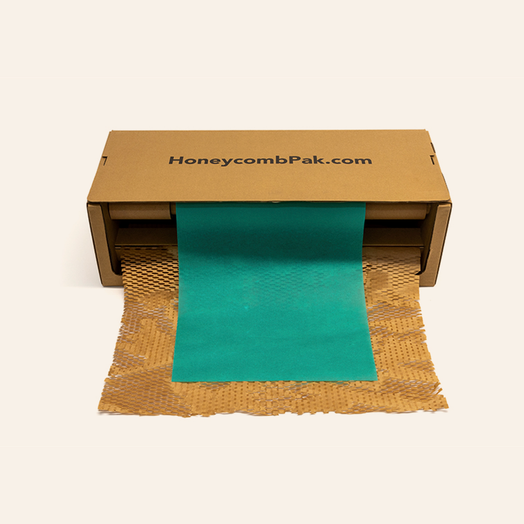 Dispensador manual de cartón (HoneyComb Marrón+ Papel Seda Turquesa)